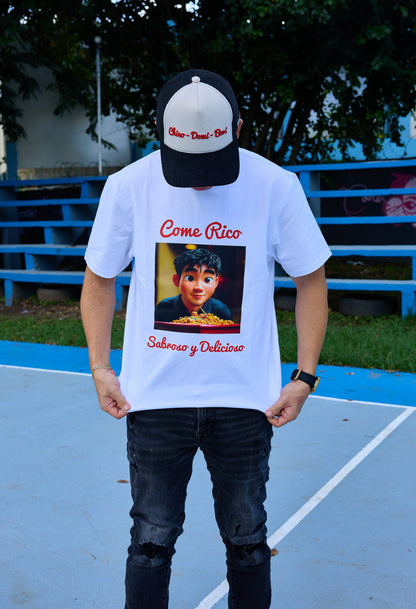 B - White T SHIRT COME, RICO,SABROSO Y DELICIOSO